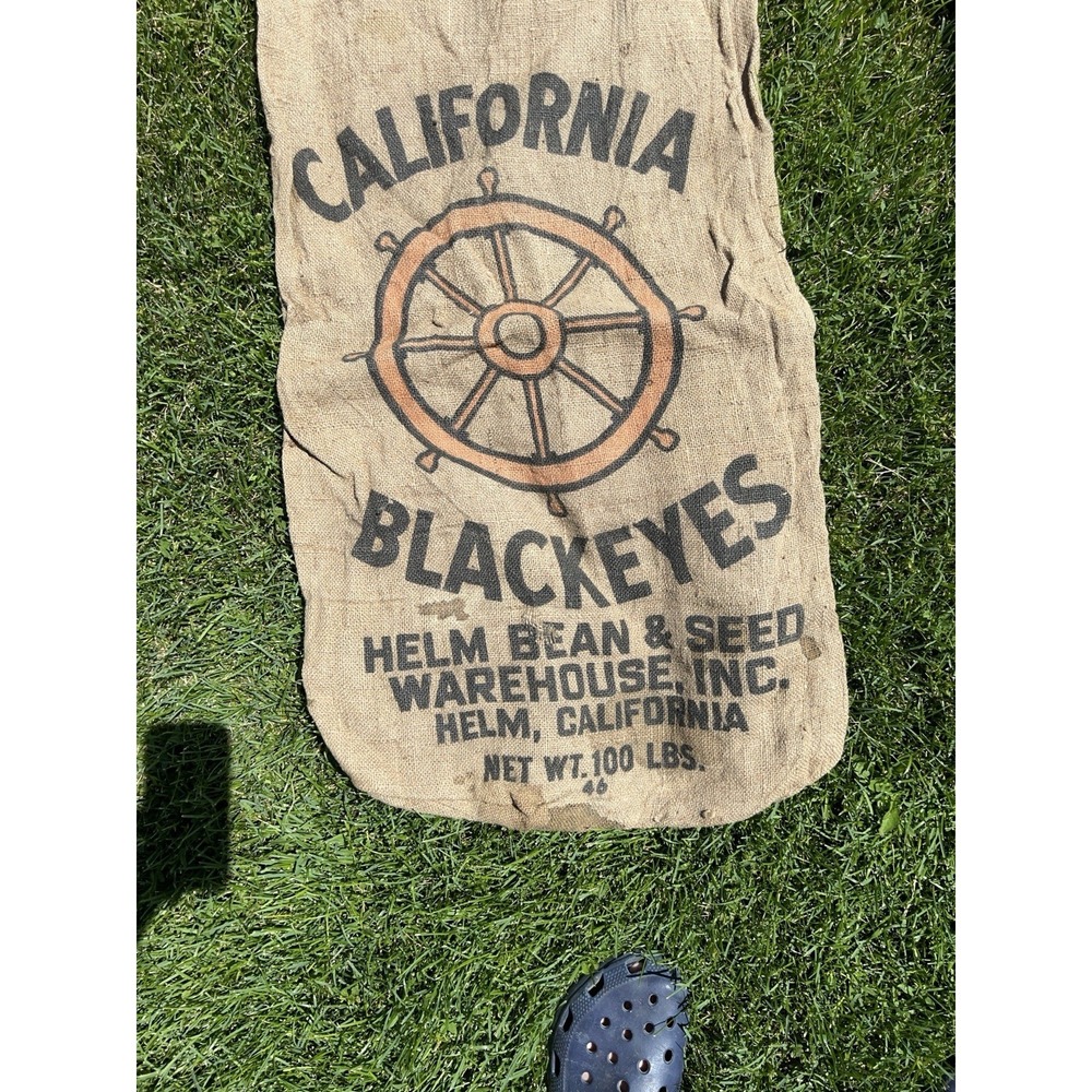 Vintage California Blackeyes Bean Seed Burlap Sack Helm CA 100 Lb Farm Bag